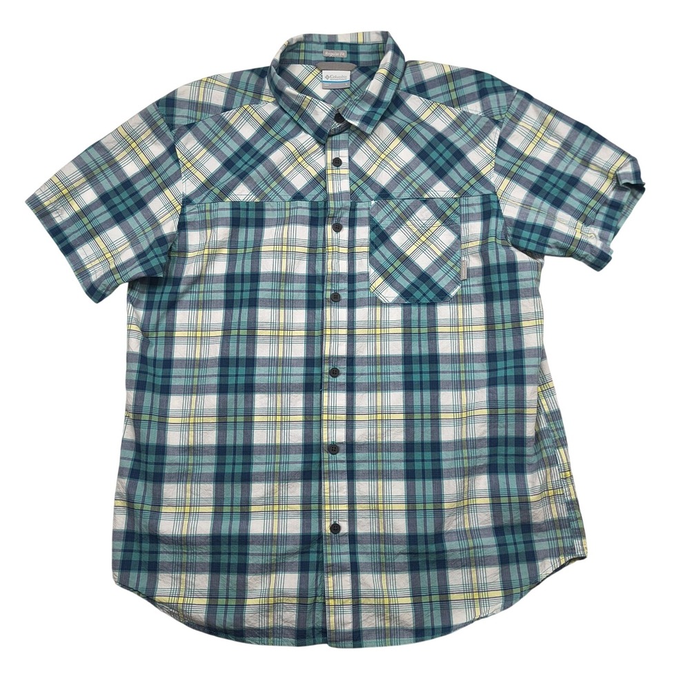 Columbia Mens‎ Regular Fit Plaid Short Sleeve Button Down Shirt Teal Blue Large